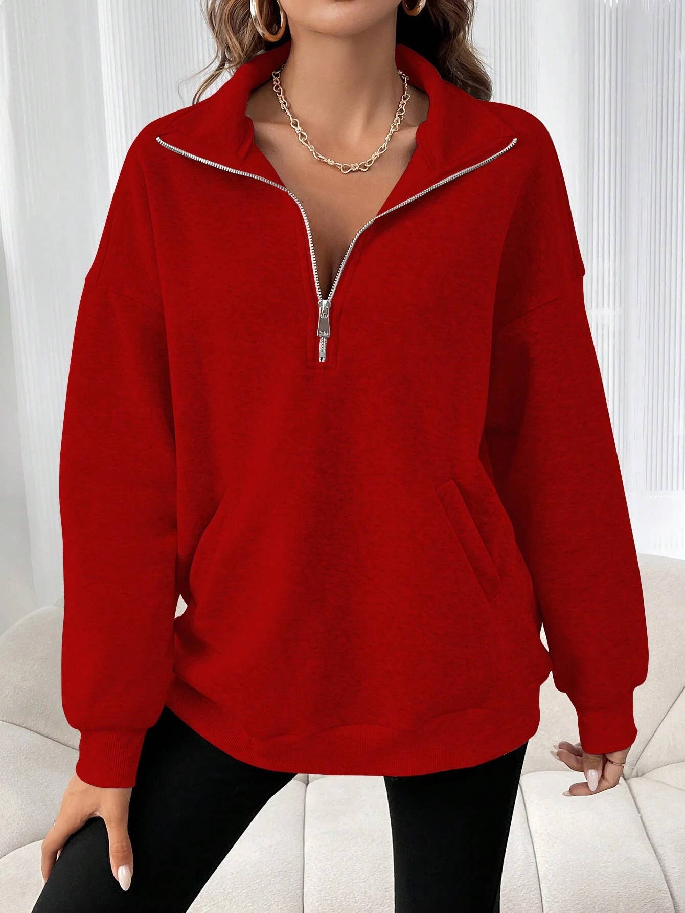 STYLISH ZIPPER LAPEL SOLID COLOR CASUAL HOODIE