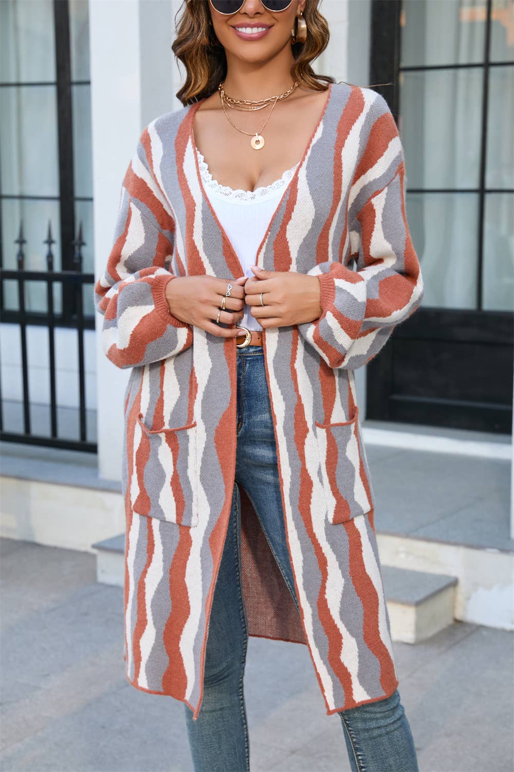 Patchwork Fashion Knit Cardigan Pocket Jacket