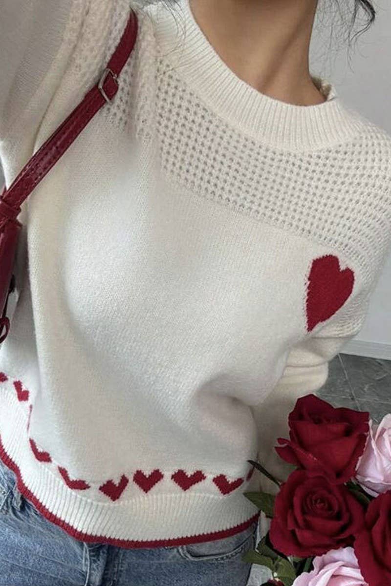 CWOSWL07352_LOOSE PULLOVER CREWNECK HEART KNIT SWEATER