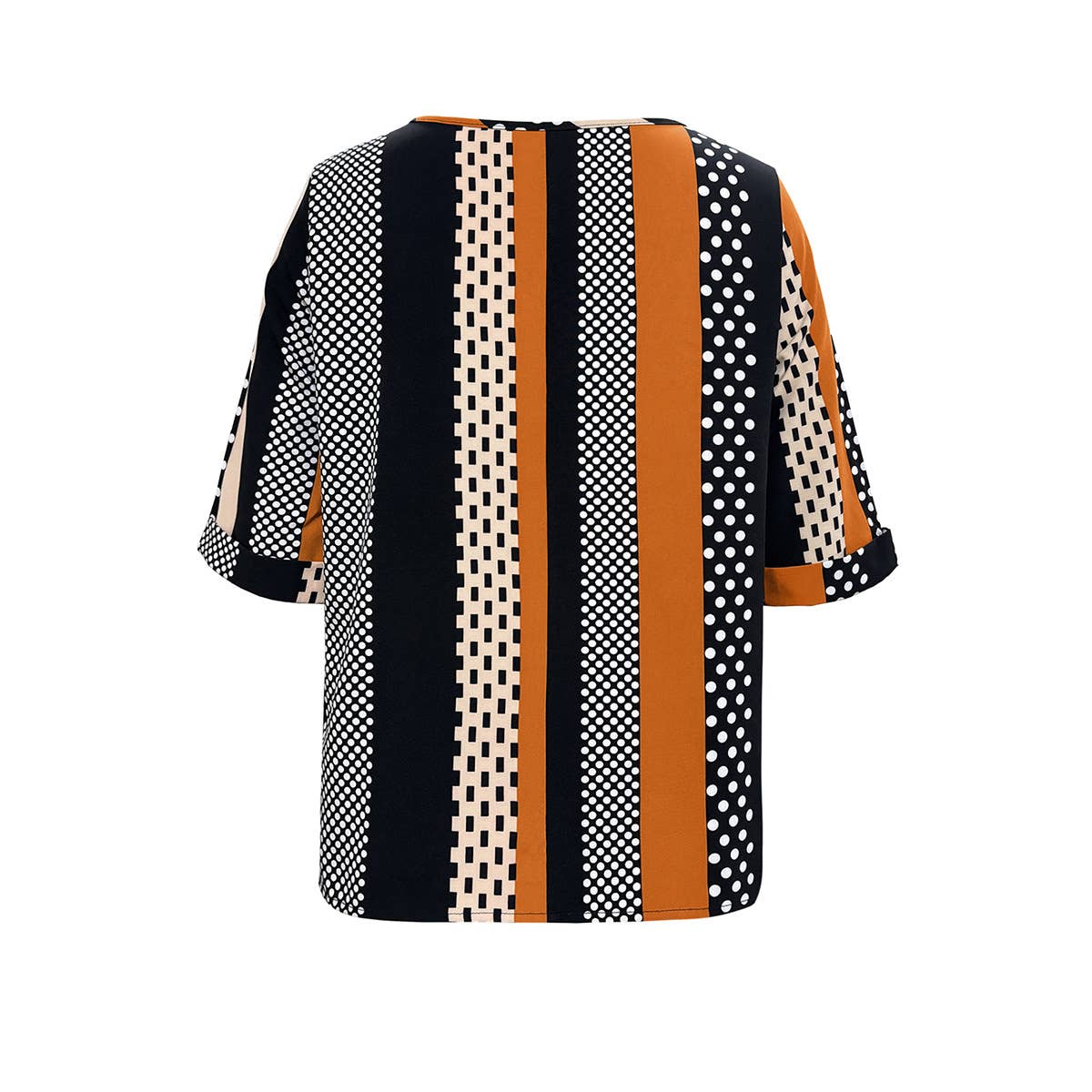 STRIPED POLKA-DOT CREW NECK MID-SLEEVE TOP