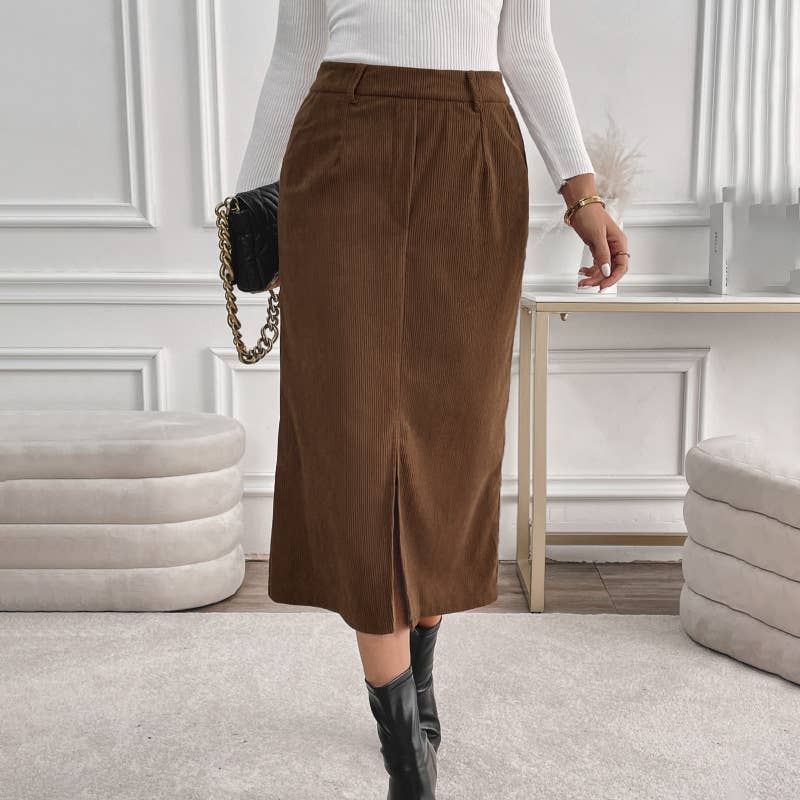 Elegant slit retro corduroy skirt