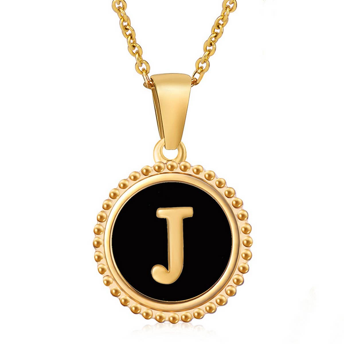 CWAJE1941_Simple Round Black Shell Letter Necklace