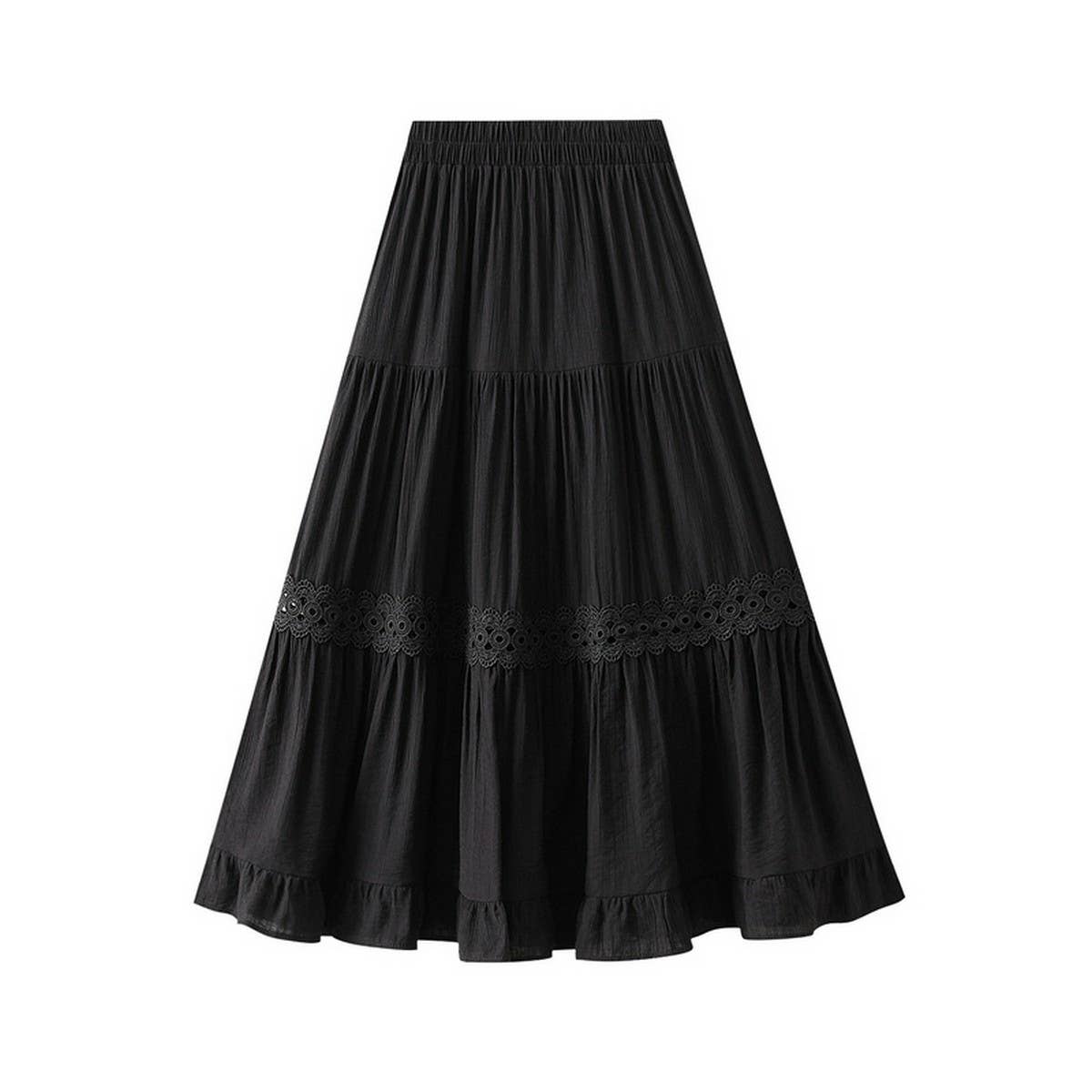High-Waist A-Line Lace Trimmed Midi Skirt