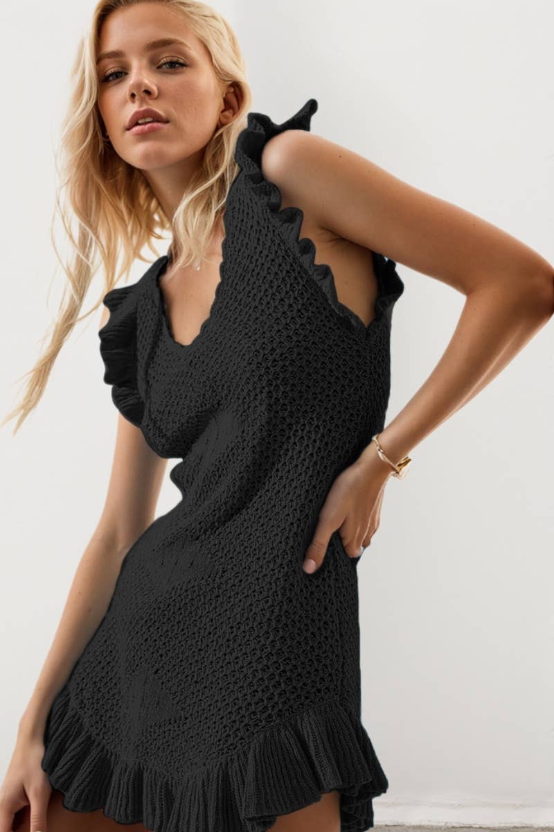 CWDSD3918_KNIT SLEEVELESS CUTOUT PEPLUM BEACH DRESS SMOCK