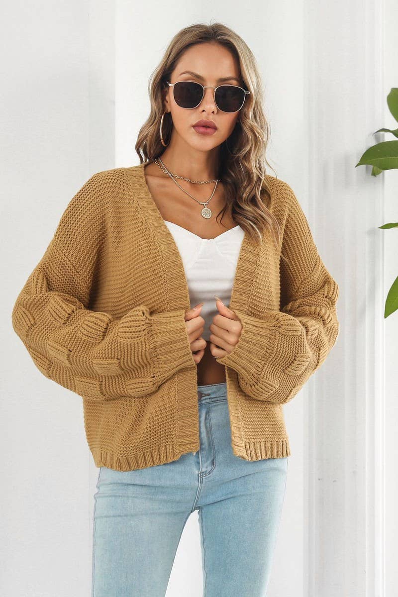 CWOCAL1191_3D LANTERN SLEEVE KNITTED CARDIGAN SWEATER