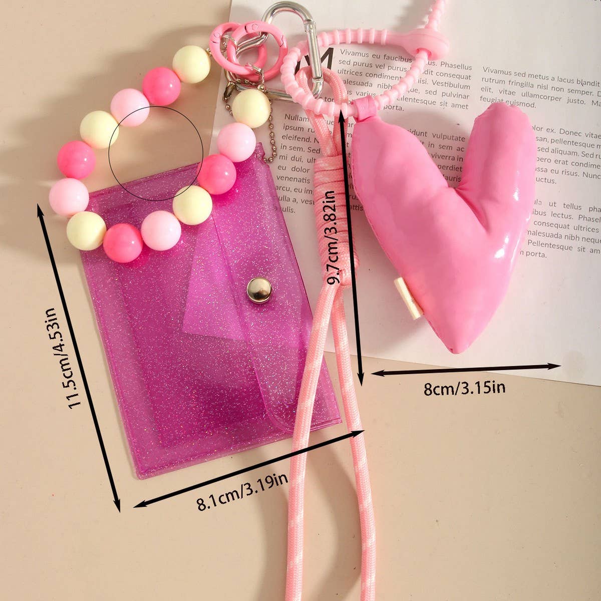 3D Pink PU Heart Keychain with Beaded Coin Purse_CWMM7835