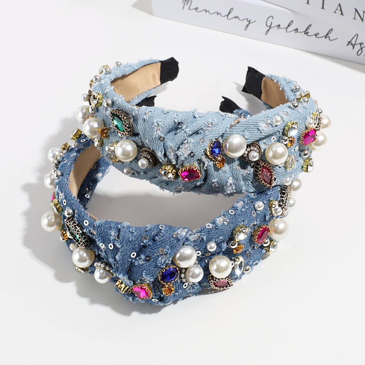 KNOTTED DENIM HEADBAND WITH COLORFUL RHINESTONES