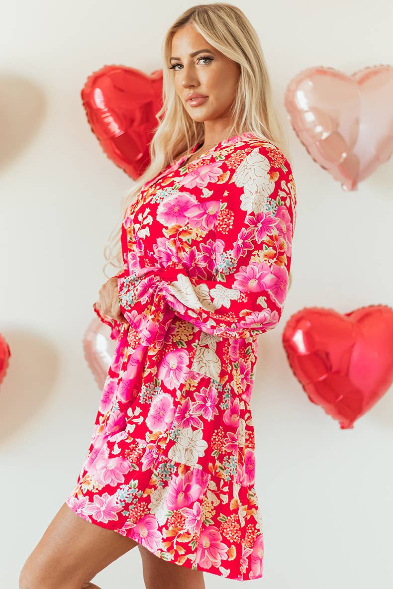 HOLIDAY HIGH-WAISTED FLORAL PRINT V-NECK DRESS