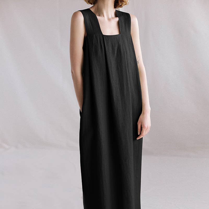 LOOSE LINEN SQUARE COLLAR SUSPENDERS DRESS