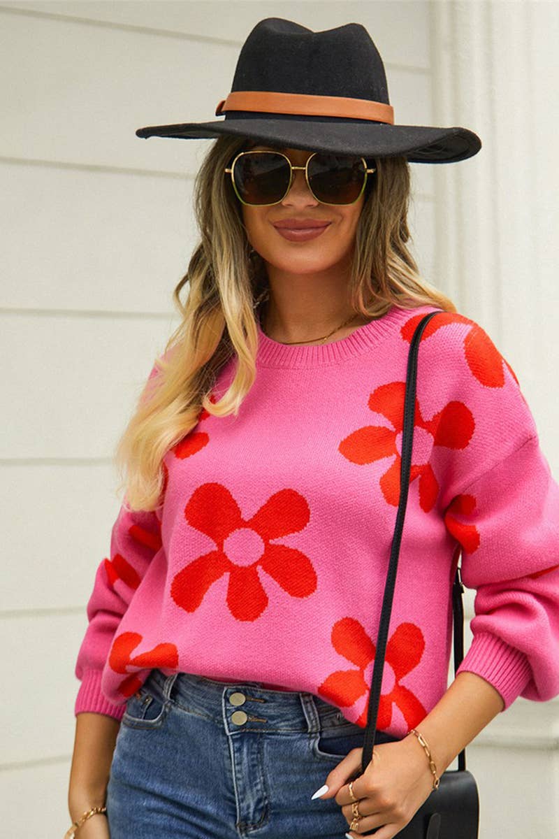 WOMEN FLOWER PATTERN SLIM KNITTED SWEATER_CWOSWL1448