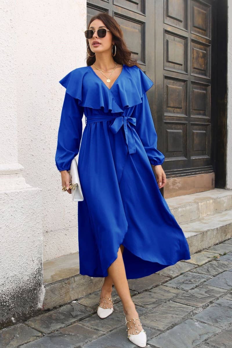 CWDMD3959_AUTUMN RUFFLED LONG-SLEEVED LACE-UP DRESS