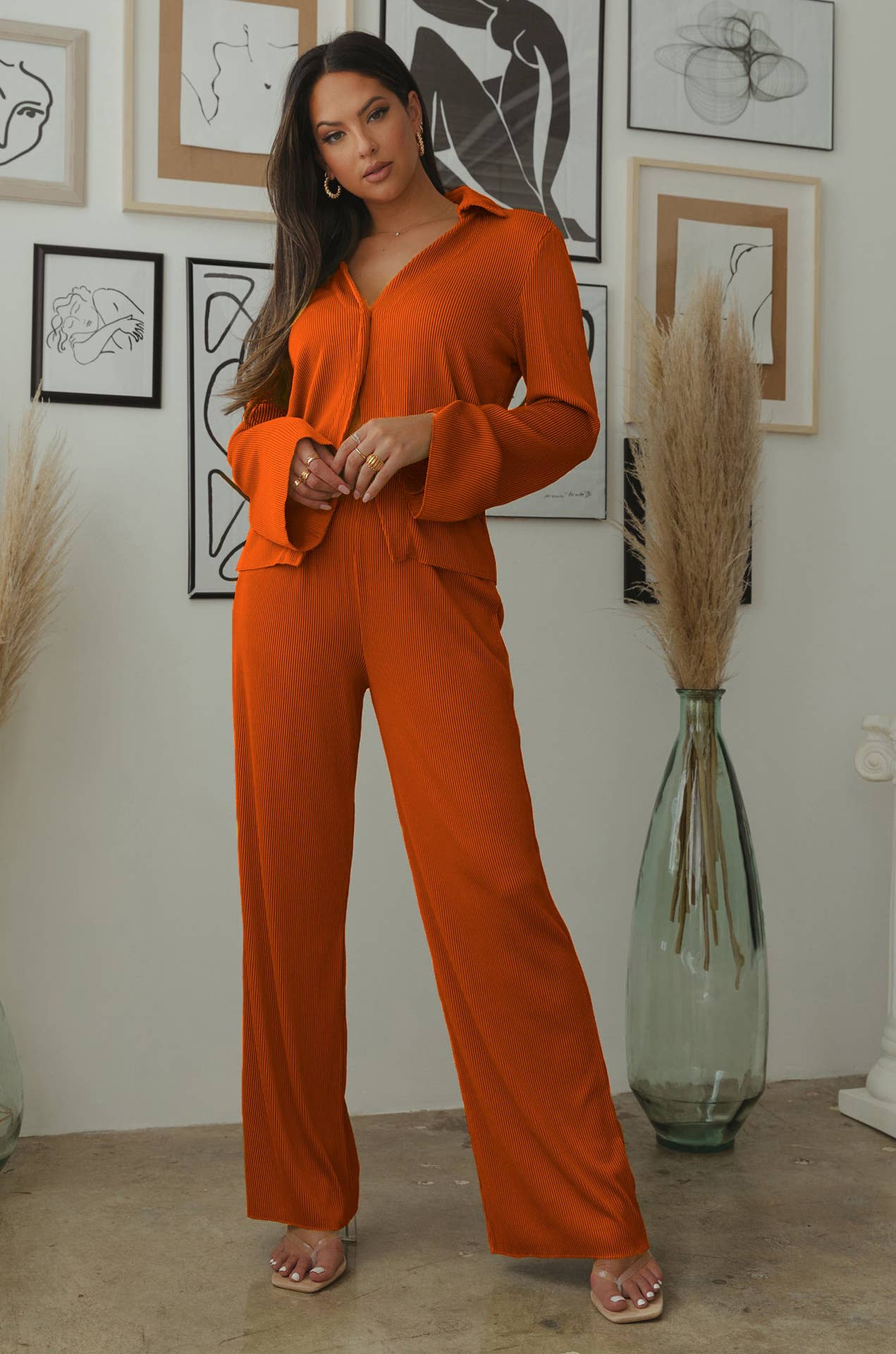 V-NECK KNIT SHIRT CASUAL STRAIGHT-LEG PAIR