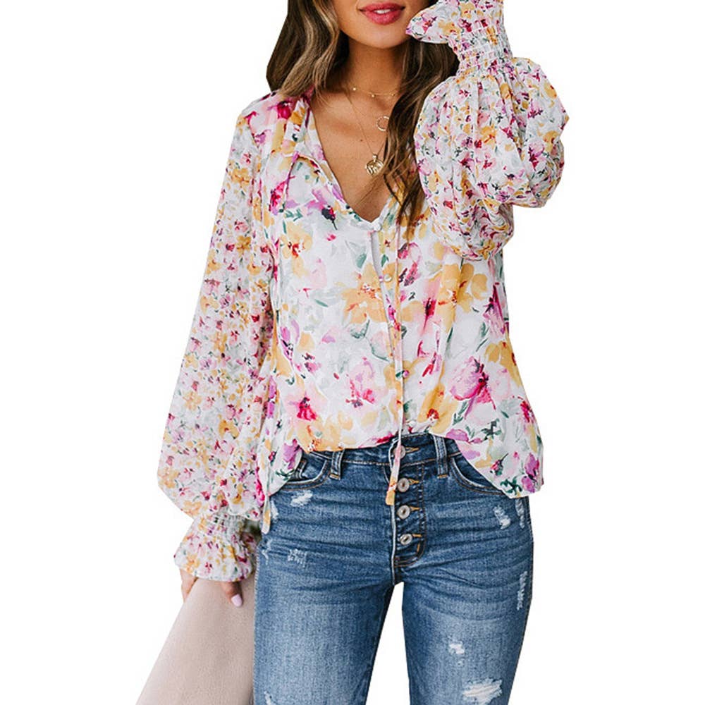 Lace-up printed lantern sleeve blouse for ladies