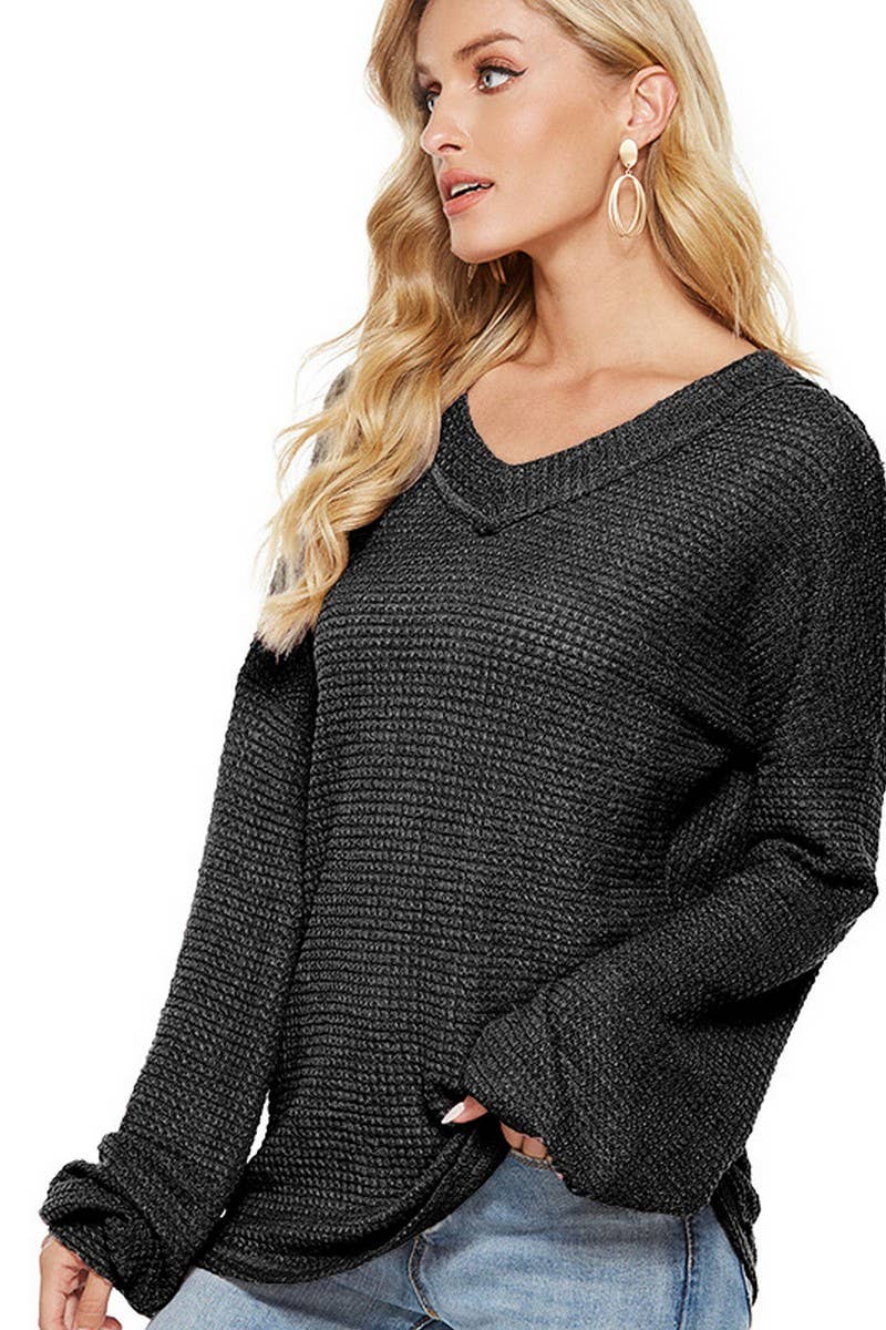 STYLISH LOOSE V NECK LANTERN SLEEVE KNITWEAR_CWOSWL2065