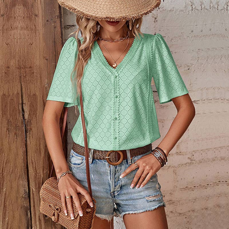 V-neck lace patchwork short-sleeved top