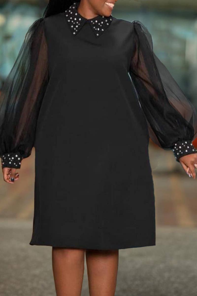 CWDSD6395_FALL MESH SEE-THROUGH BEADED LONG-SLEEVED DRESS