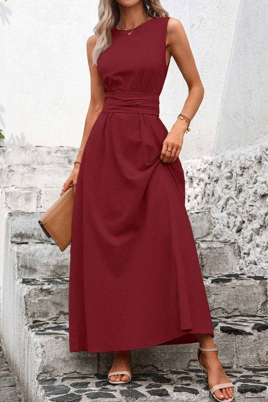 CWDMD5873_SOLID SLEEVELESS TIE WAIST CASUAL TANK DRESS