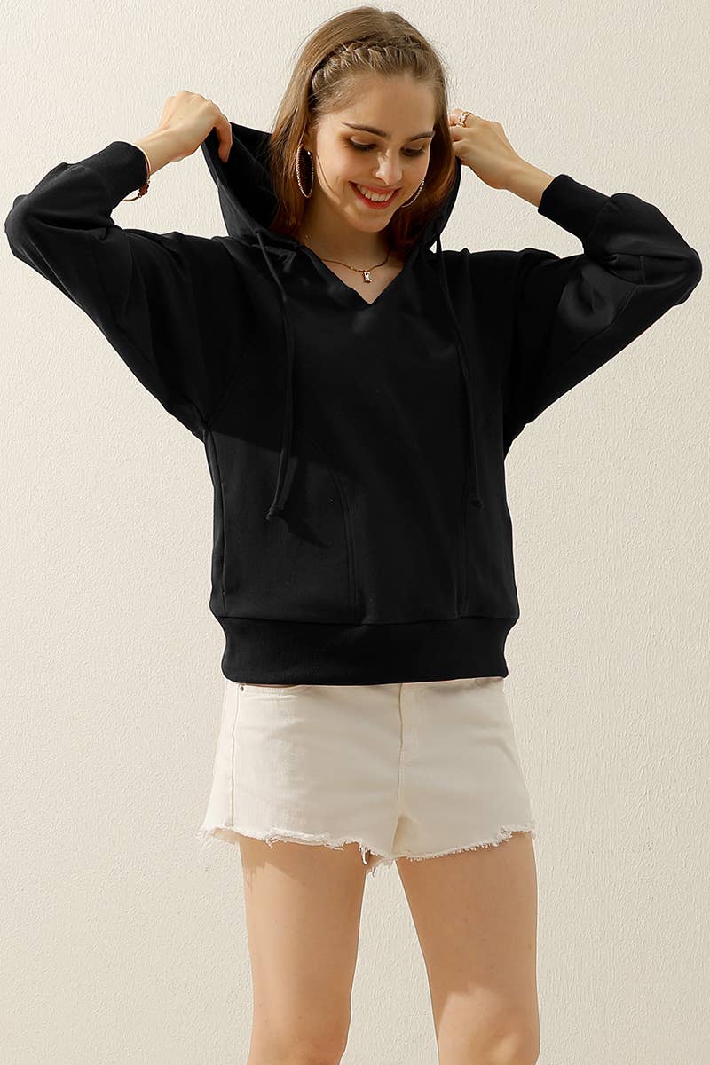 CWOHOL446_V NECK COTTON HOOIDE SWEATSHIRT CASUAL TOP