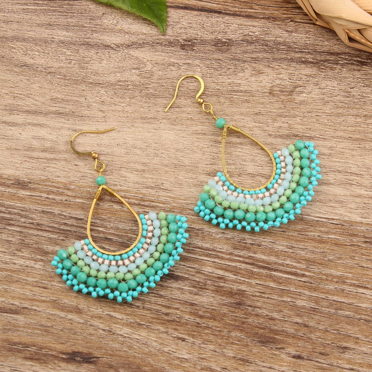 FASHIONABLE HAND-WOVEN GREEN FAN EARRINGS