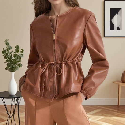 Round-neck drawstring waist leather jacket