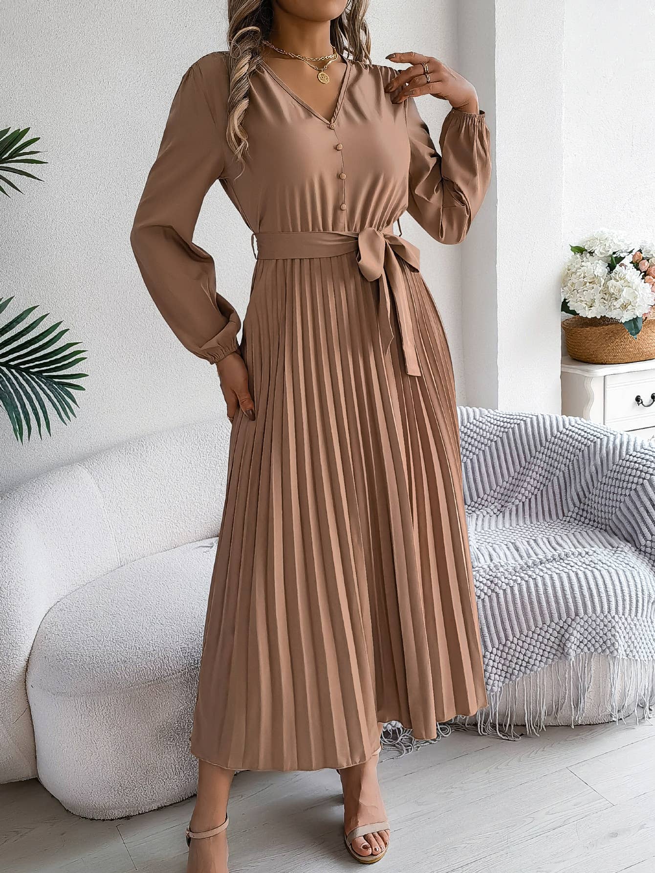 V-NECK BUTTON-UP LONG PLEATED DRESS