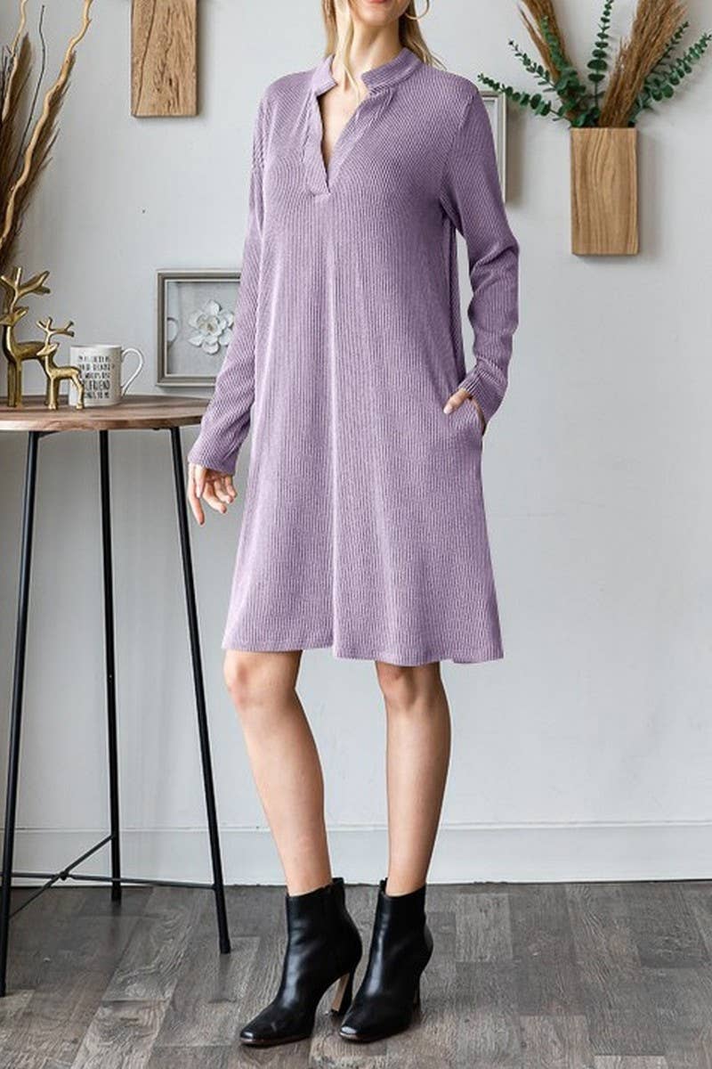 CWDSD6681_SOLID COLOR V-NECK LONG SLEEVE LOOSE DRESS