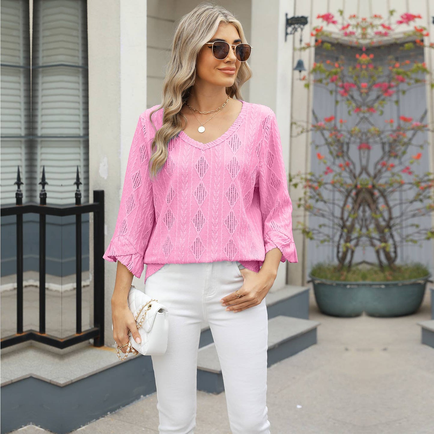 V-neck diamond check hollow-out jacquard T-shirt