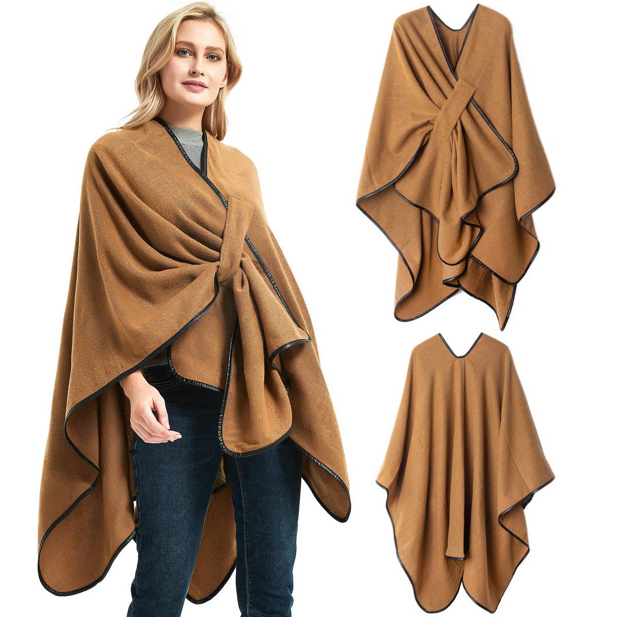 BUCKLE LEATHER SOLID CAMEL COLOR SPLIT SHAWL_CWASC1210