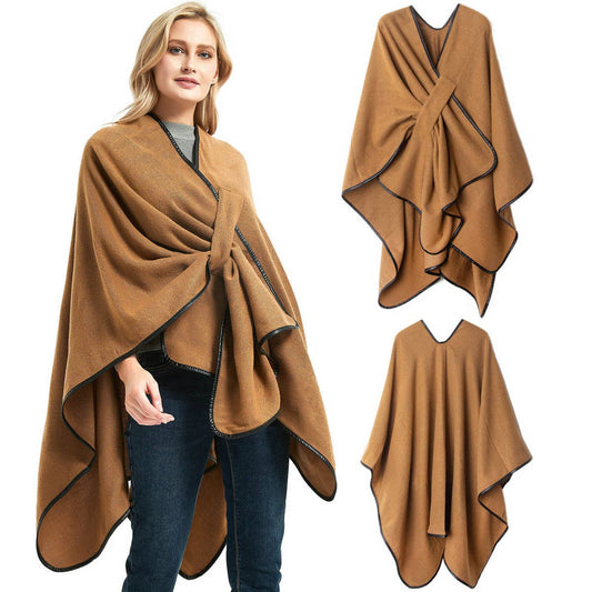 BUCKLE LEATHER SOLID CAMEL COLOR SPLIT SHAWL_CWASC1210
