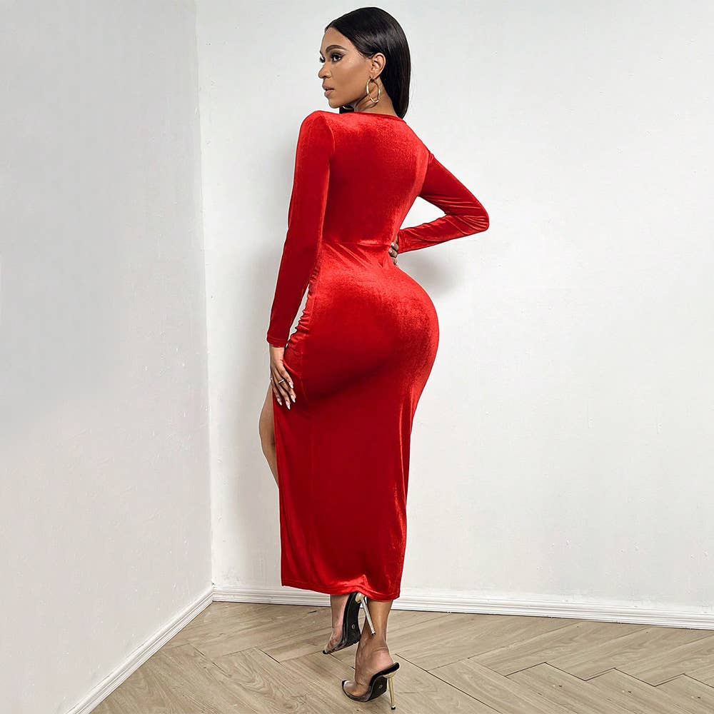 SLIT SOLID COLOR LONG SLEEVE SEXY VELVET DRESS