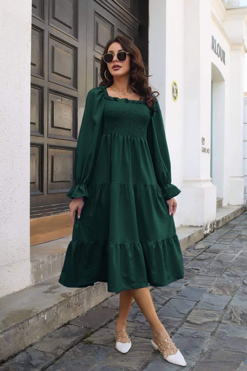 CWDMD3954_OFF-THE-SHOULDER DRESS WITH FLARED SLEEVES LONG