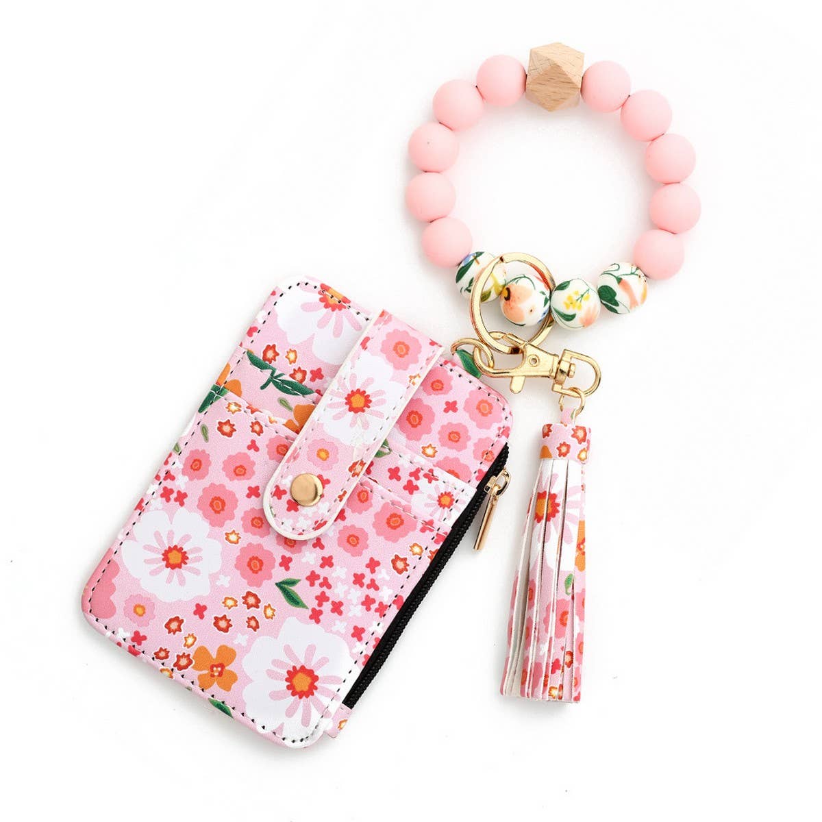 Floral PU Wallet with Bead Bracelet & Card Holder_CWAB4955