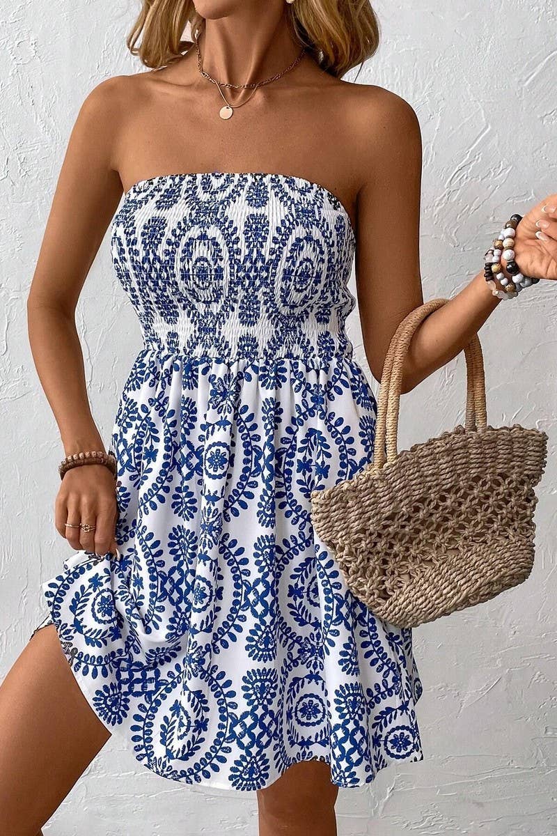 CWDTD0409_BLUE PRINTED TUBE TOP DRESS