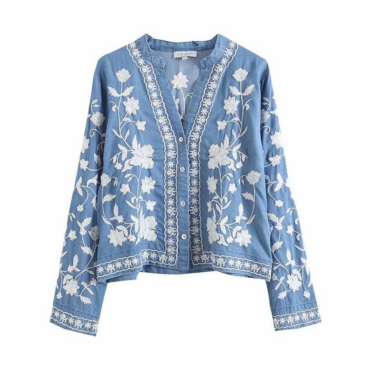FLORAL EMBROIDERED V-NECK BUTTON SHIRT TOP BLUE