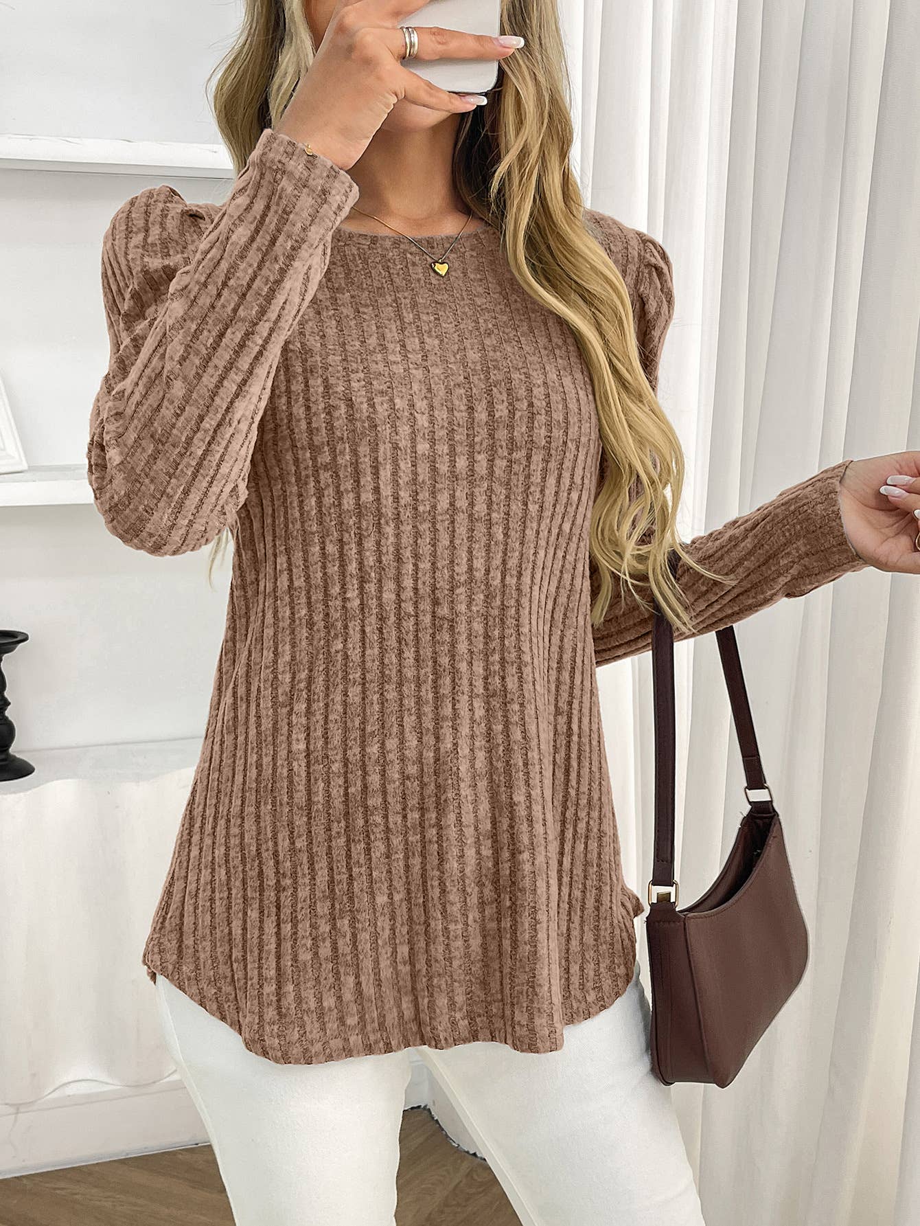 Round-neck puffed-sleeve brushed striped T-shirt