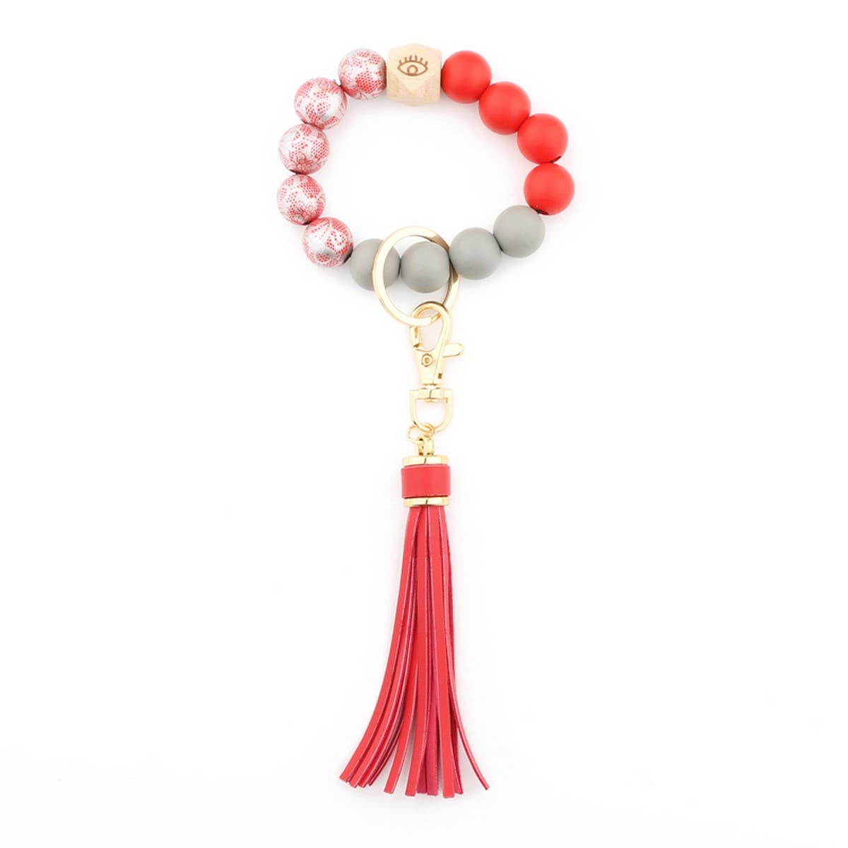 Printed Wood Bead Bracelet Keychain with Tassel_CWMM7025