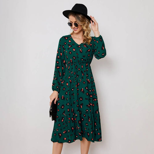 HOLIDAY STYLE V-NECK PRINT LONG-SLEEVED DRESS
