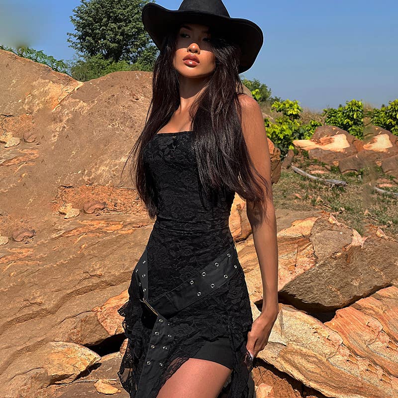 Irregular hemline high waist mesh long dress