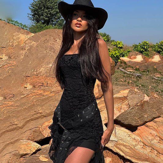 Irregular hemline high waist mesh long dress