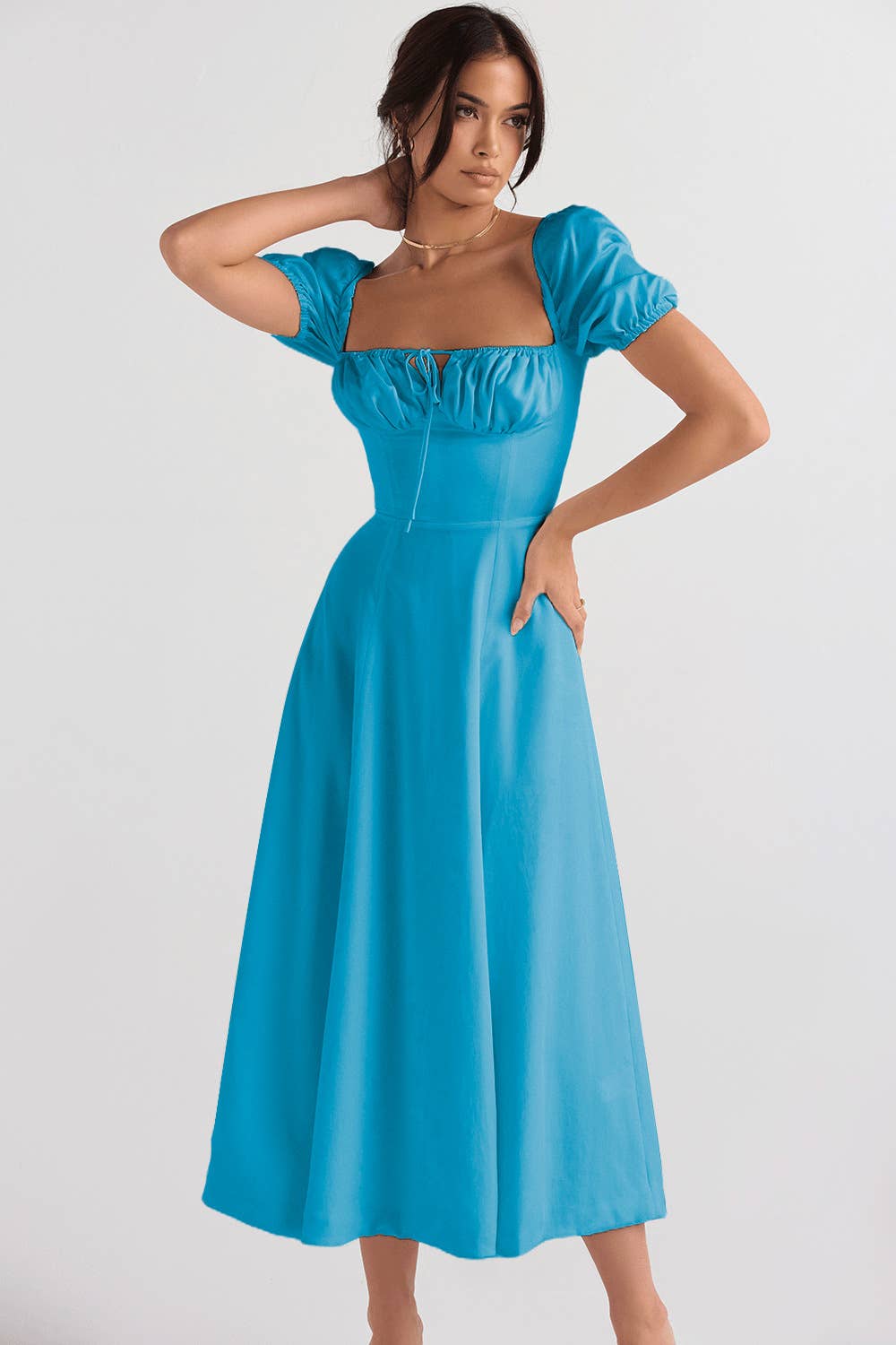 Sexy square neck A-line puff sleeve slit dress