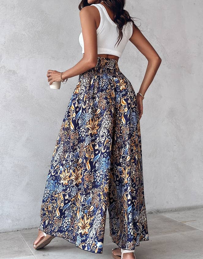 Tropical print retro floral print wide leg pants