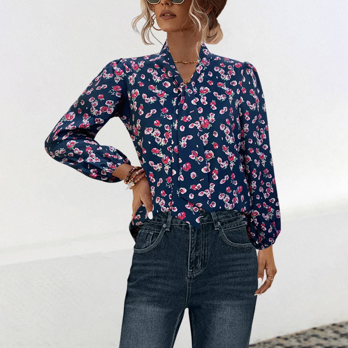 Lantern sleeve V-neck lace-up vintage shirt