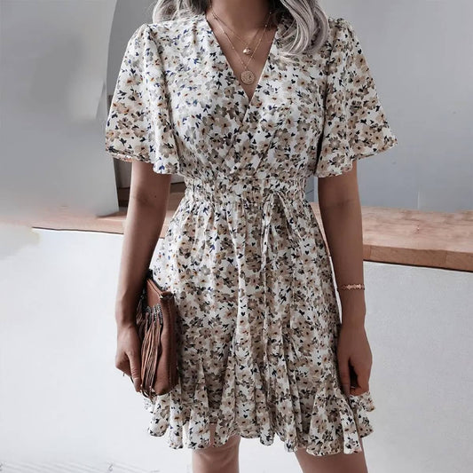 SHORT SLEEVE V NECK FLORAL RUFFLE DRESS_CWDSD2501