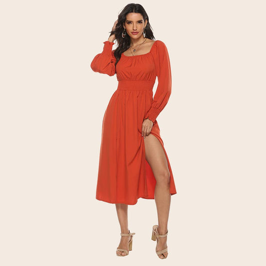 Fashion square collar waist long-sleeved dress