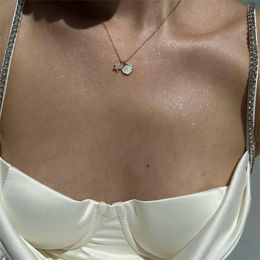 Summer Starfish Conch Pendant Necklace_CWMM5328