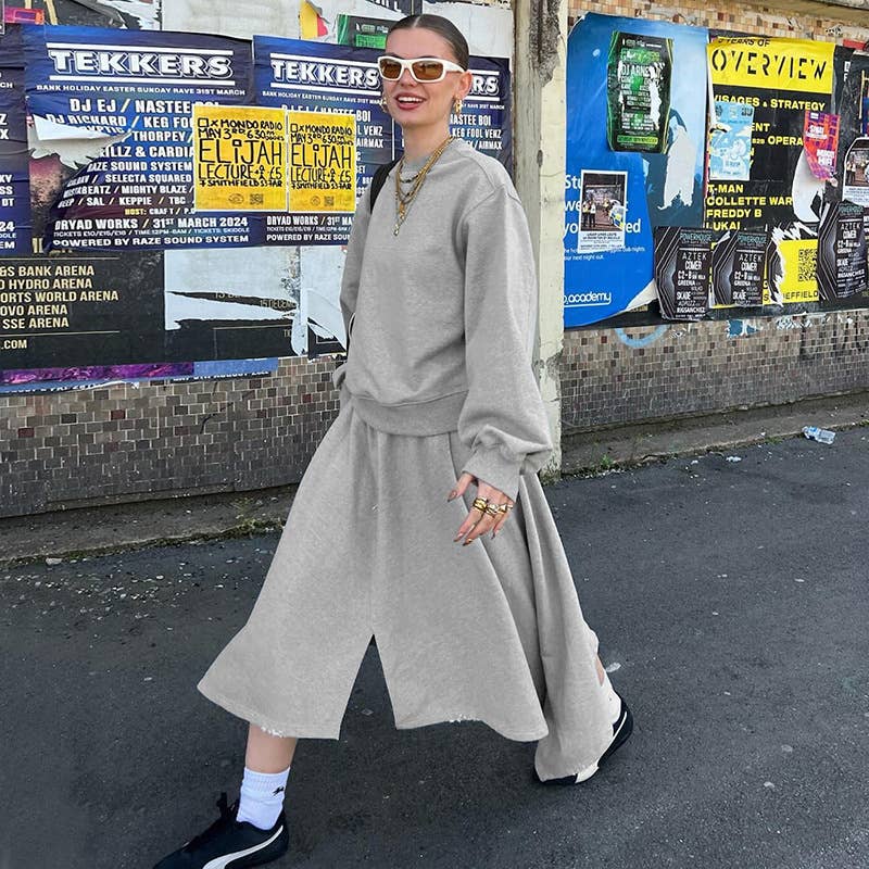 Round-neck casual sweatshirt semi-long skirt set