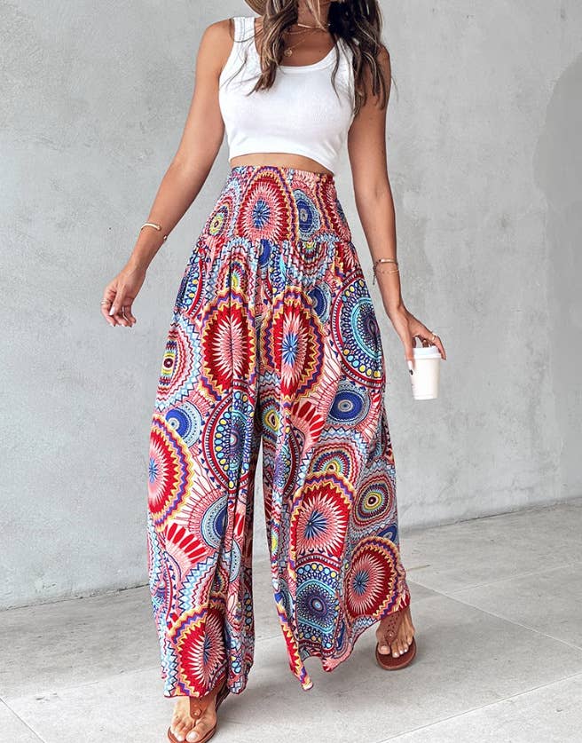 Tropical print retro floral print wide leg pants
