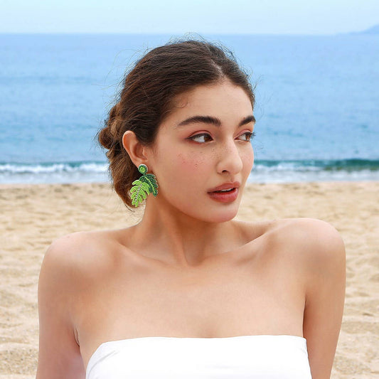 GREEN TURTLE LEAF NICHE HIGH-END BEADED EARRINGS