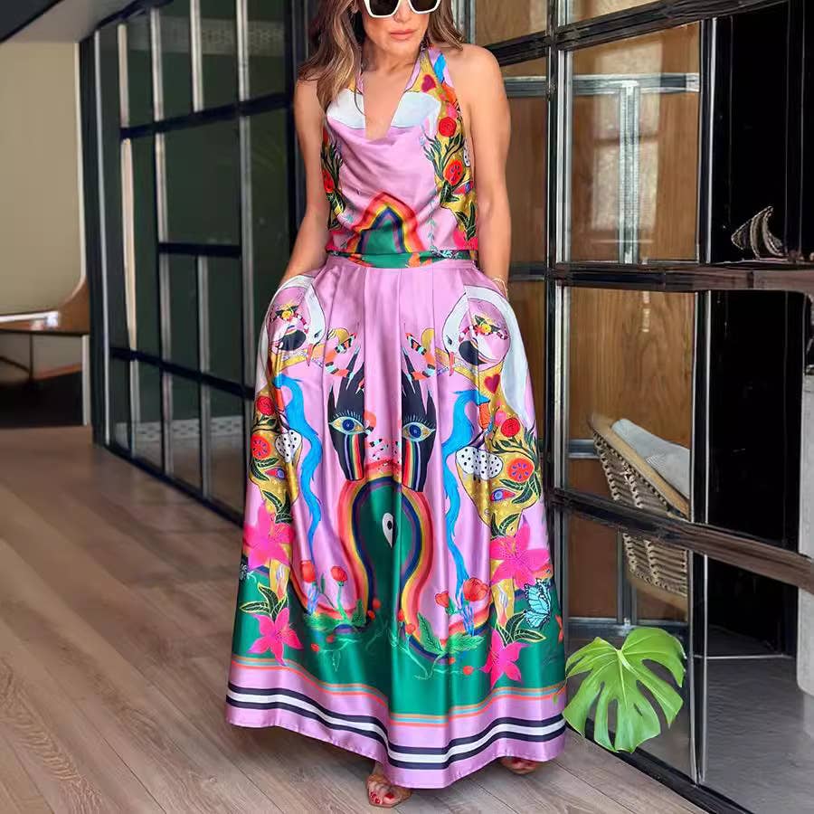 SLEEVELESS HOLIDAY PRINT BACKLESS LONG DRESS