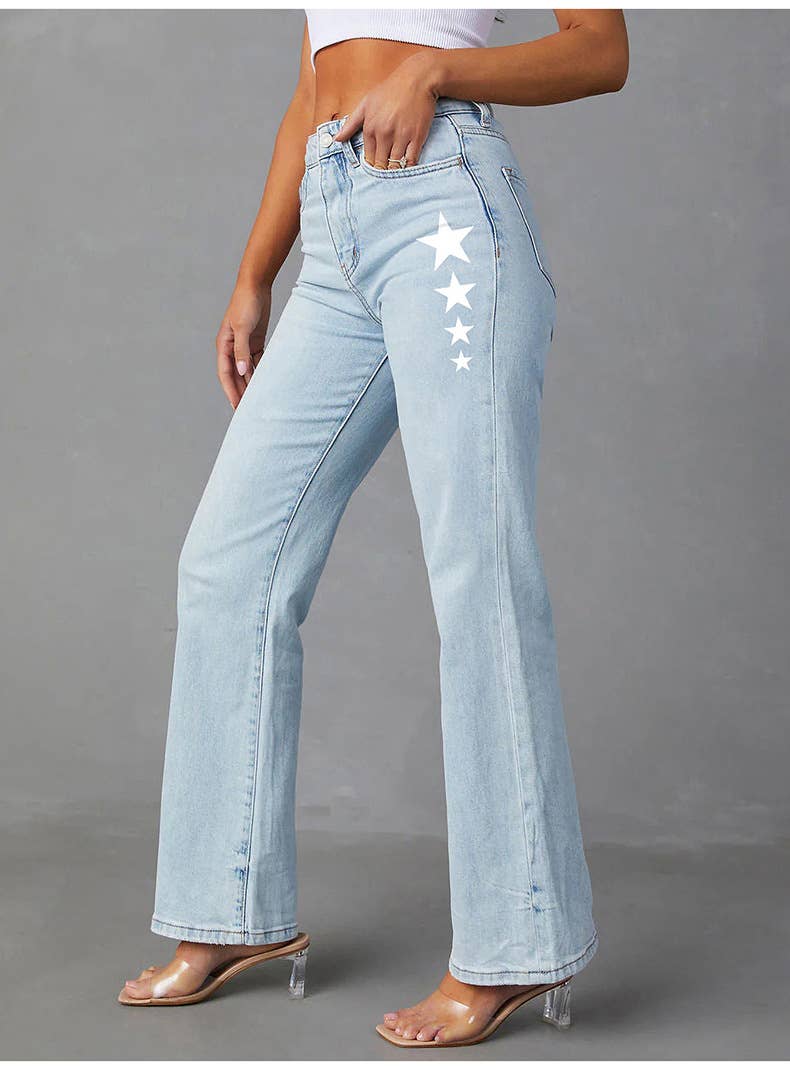 Printed stretch flared mid-waisted jeans